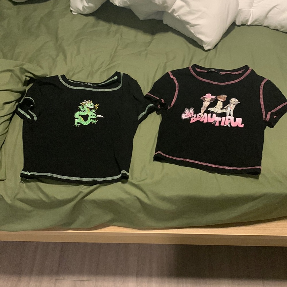 2 black shirts aesthetic styling, green shirt size small, pink shirt size xs